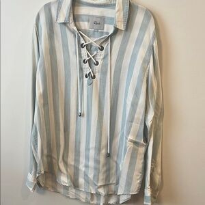 Rails Blue and White Tie Front Blouse with Notched Collar